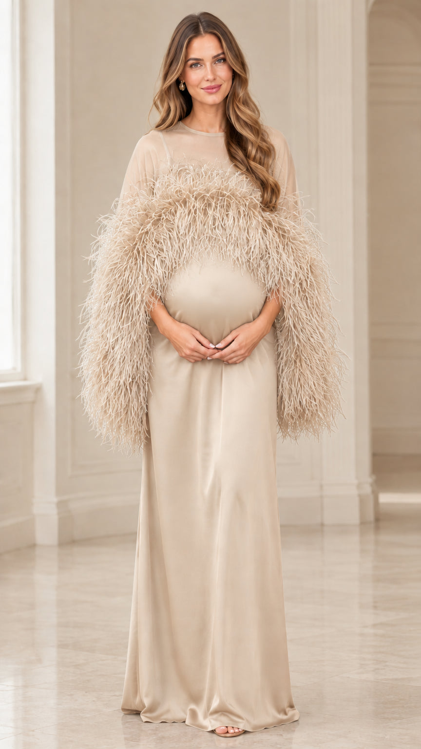 Champagne beige feather trimmed formal maternity photoshoot dress