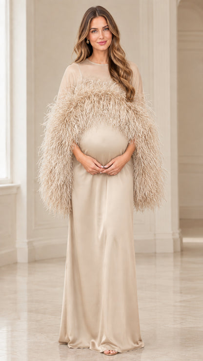 Champagne beige feather trimmed formal maternity photoshoot dress