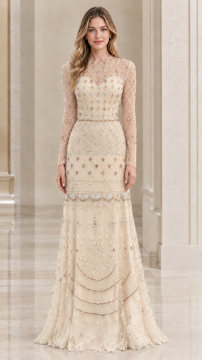 Front view of champagne cream beaded long-sleeve formal maxi dress