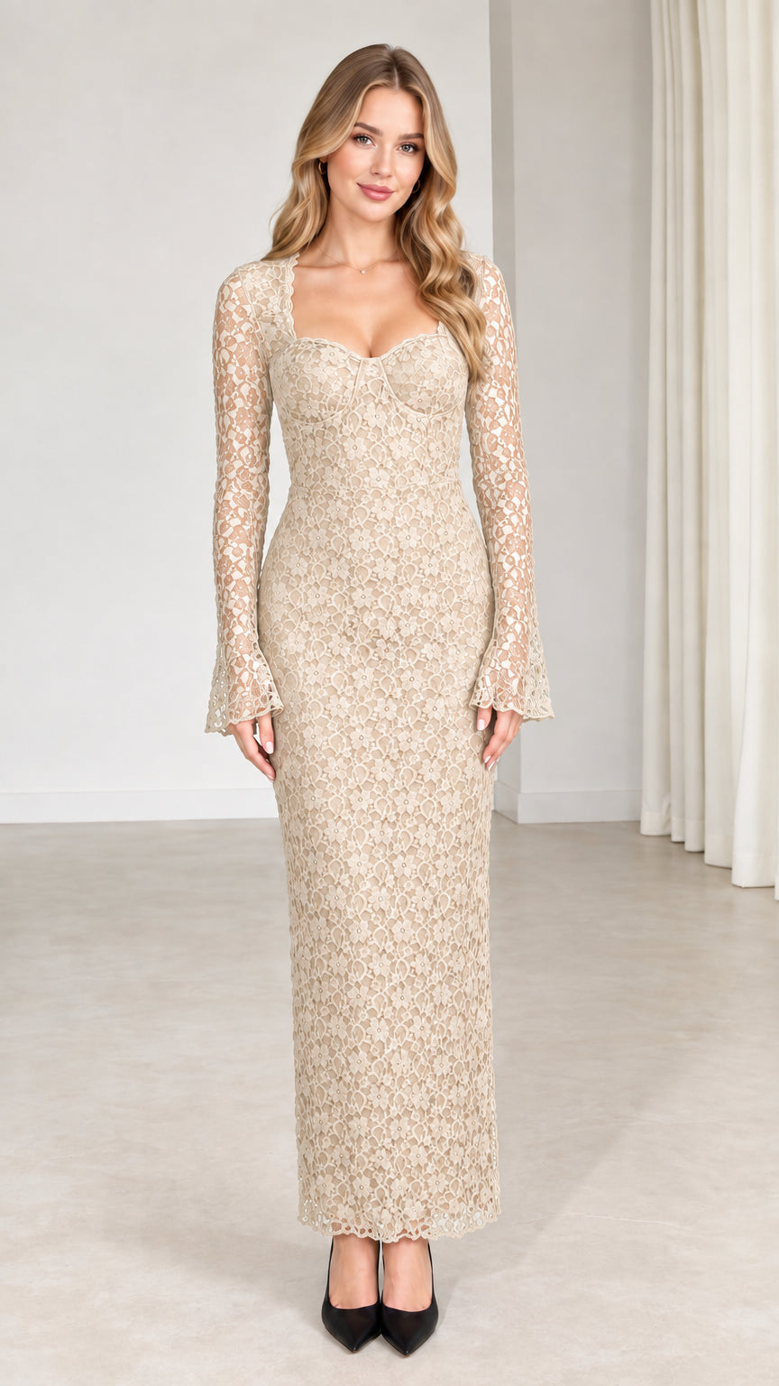 Front view of model wearing champagne beige lace sweetheart maxi dress