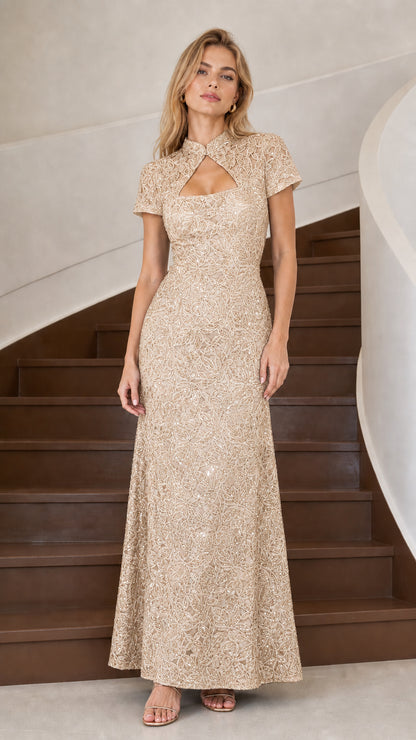 Champagne gold sequin embellished keyhole formal gown front view