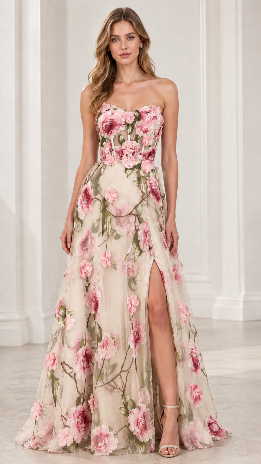 Front view of strapless 3D floral applique evening gown in Champagne